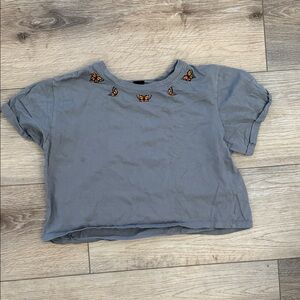 Gray Crop Top with Butterfly Embroidery